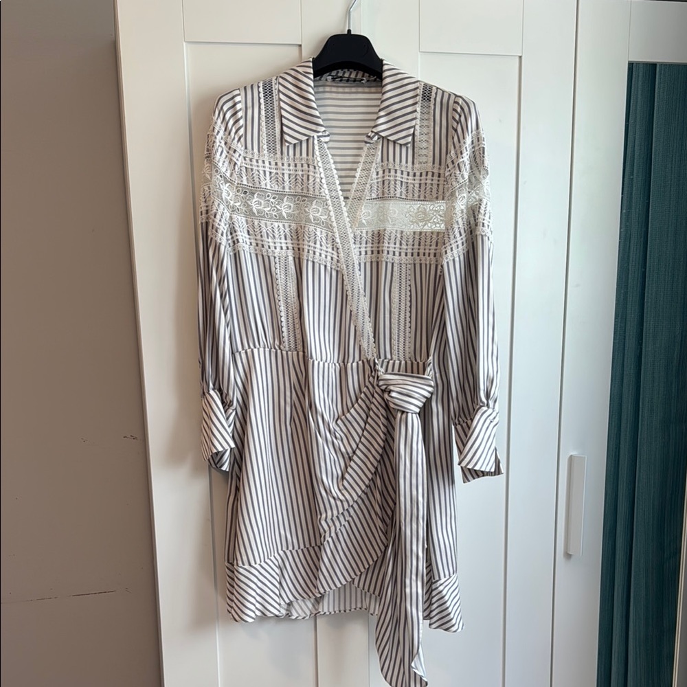 Self Portrait Striped Wrap Dress with Lace Detail